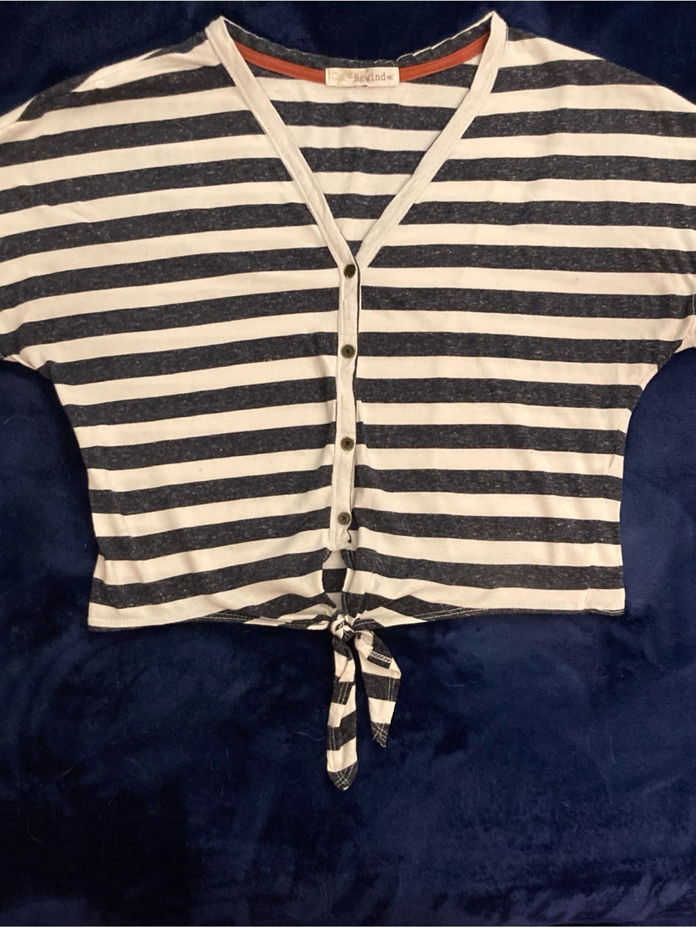 Rewind Navy and White Striped V-Neck Top with Orange Trim